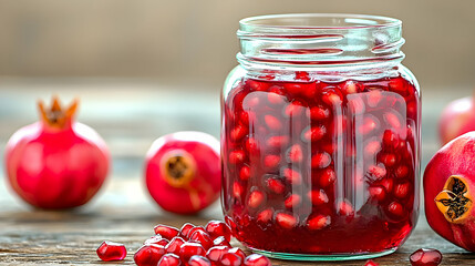 Pomegranate seeds in jar, wooden table, healthy food