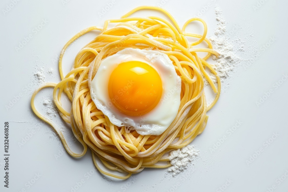 Poster perfectly fried egg sits atop a nest of spaghetti, sprinkled with flour, creating a simple yet visua