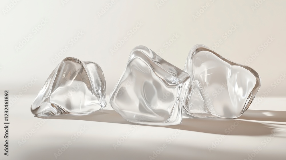 Poster three translucent ice cubes rest on a light beige surface, illuminated by soft, diffused light, cast