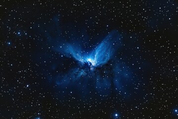 Celestial nebula displaying vibrant blue hues in a star-filled night sky over distant galaxies