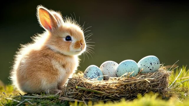 Charming easter bunny with speckled eggs in nest on grass