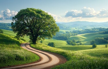 Obraz premium An asphalt roadCreate a panoramic image of an asphalt road leading through a scenic countryside on a sunny spring day, with a blue sky, green grass, and scattered dandelions in the landscape