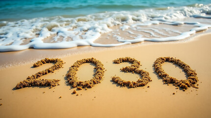 Numbers formed from sand display the year 2030 on a peaceful coast. Gentle waves wash ashore as sunlight reflects on the water, creating a serene atmosphere.
