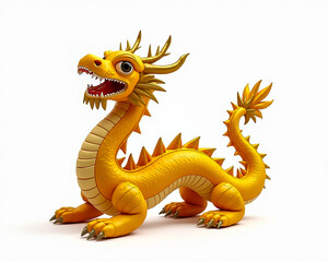Fototapeta premium A cheerful golden dragon with large eyes and spiky details sits calmly. Its playful design highlights bright colors, inviting a sense of whimsy and fantasy.