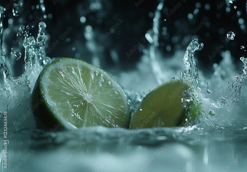 Poster two lime halves splashing in water, creating dynamic water droplets and bubbles. close up shot with 