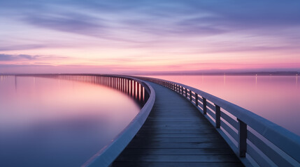 Obraz premium long wooden bridge curved edges calm water dusk pastel colors purple pink blue serenity