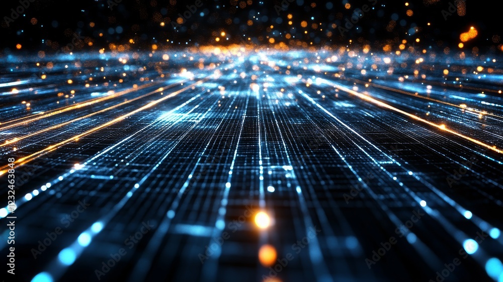 Poster dynamic visualization of luminous data patterns flowing in a futuristic digital landscape