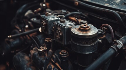 Vintage car engine showcases intricate design and craftsmanship of classic automobiles in a close-up view