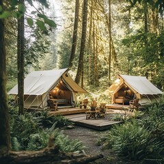 Forest retreats offer travel wellness getaways for ultimate relaxation. Cozy tents nestled in a lush green forest setting.