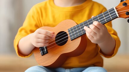 Obraz premium Child Playing Ukulele with Joyful Expression in Cozy Setting