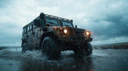 Dynamic Scene of Armored Vehicle Crossing River with Dramatic Sky
