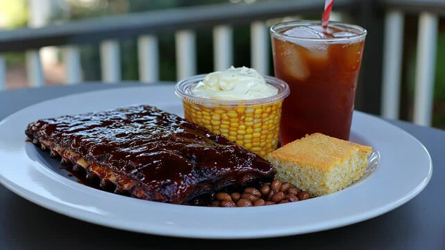 Delicious barbecue ribs served with sides of corn, beans, and cornbread on a sunny day outdoors