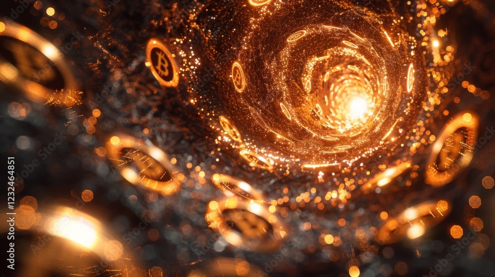 Poster a captivating digital artwork depicting a swirling vortex of golden coins, symbolizing digital curre
