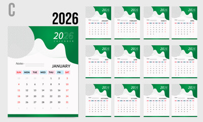 2026 Modern corporate wall calendar design template. Monthly calendar design for 2026. Natural and minimalist wall calendar template 2026 week started on sun  day with 12 month included.   