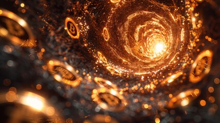A captivating digital artwork depicting a swirling vortex of golden coins, symbolizing digital currency. The coins glow brightly against a dark background, creating an intriguing visual effect.