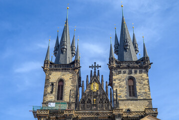 Towers of gothic Church of the Mother of God before Tyn, at the Old Town square in Prague, capital of Czech Republic