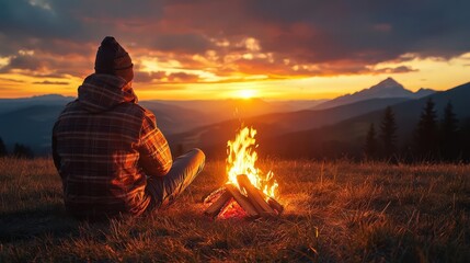 Man enjoys sunset campfire in mountains