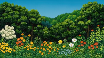 Vibrant Wildflower Field with Lush Green Forest Background