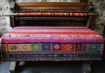 Vibrant multicolored textile on a rustic wooden loom, showcasing intricate patterns and textures. The image is well lit, highlighting the rich colors