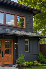 Modern Dark Gray House Exterior with Wooden Doors and Windows. Beautiful Home Design, Real Estate, Architecture