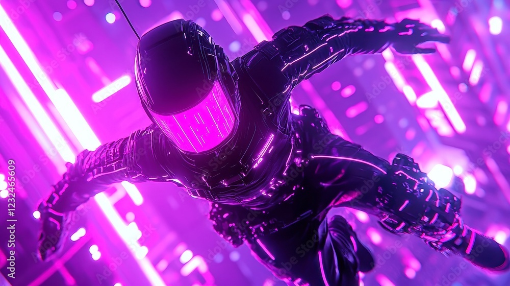 Poster neon parkour bot, an agile ai-driven robot performing acrobatic flips between towering skyscrapers, 