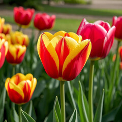 Vibrant Red and Yellow Tulips in Full Bloom &ndash; Spring Garden Beauty and Colorful Floral Photography