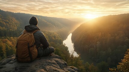 Fototapeta premium Hiker enjoying sunrise vista