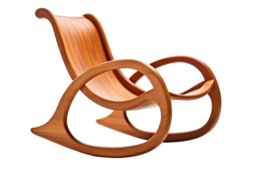 A beautifully designed wooden rocking chair made from resilient teak wood, featuring a smooth finish and ergonomic design. The chair's curves and contours are accentuated by soft lighting