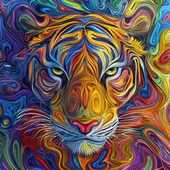 Vivid abstract illustration of a tiger’s face composed of swirling, colorful patterns, blending bold artistry with wildlife inspiration.