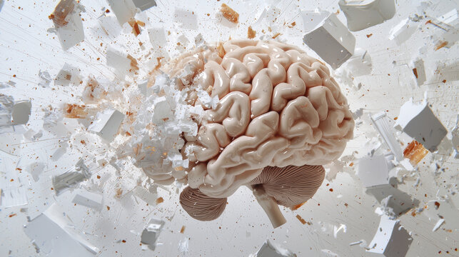 detailed digital rendering of brain exploding with debris, showcasing intricate textures and dynamic motion