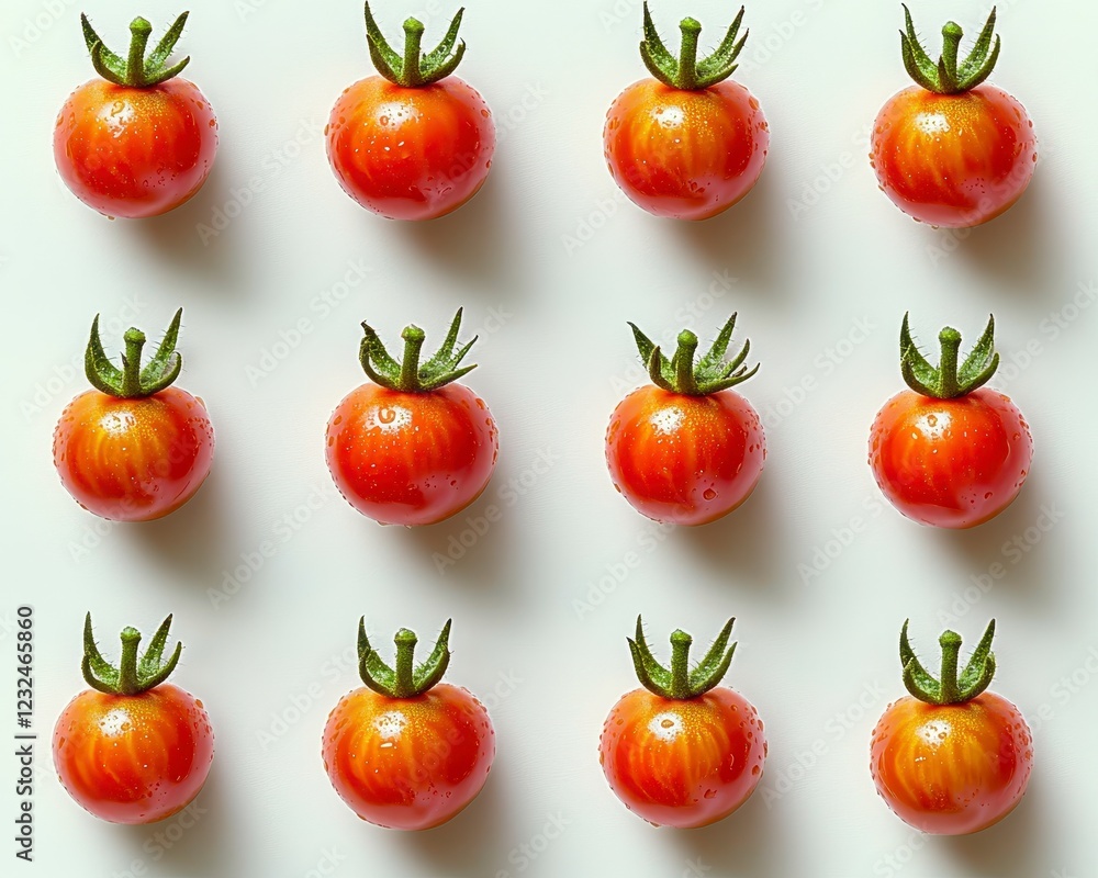 Poster overhead shot of twelve red cherry tomatoes arranged in a grid pattern on a white background. the to