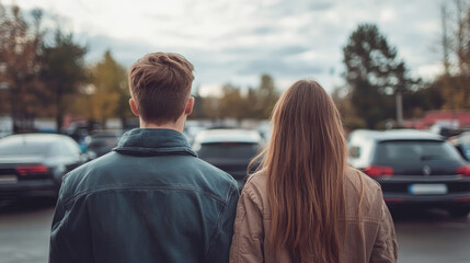 Rear view of a young couple at a used car market, standing in a parking lot, evaluating and choosing the right car to purchase.