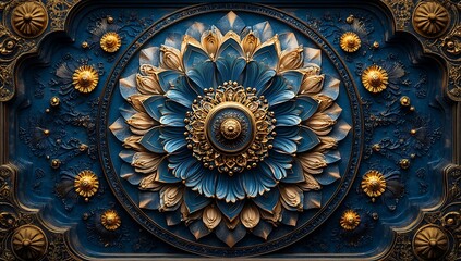 Obraz premium Intricate Blue and Gold Floral Mandala Design on a Dark Background
