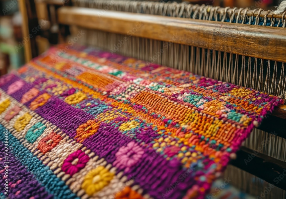 Poster close up view of a vibrant textile being woven on a rustic wooden loom. the textile features a rich 
