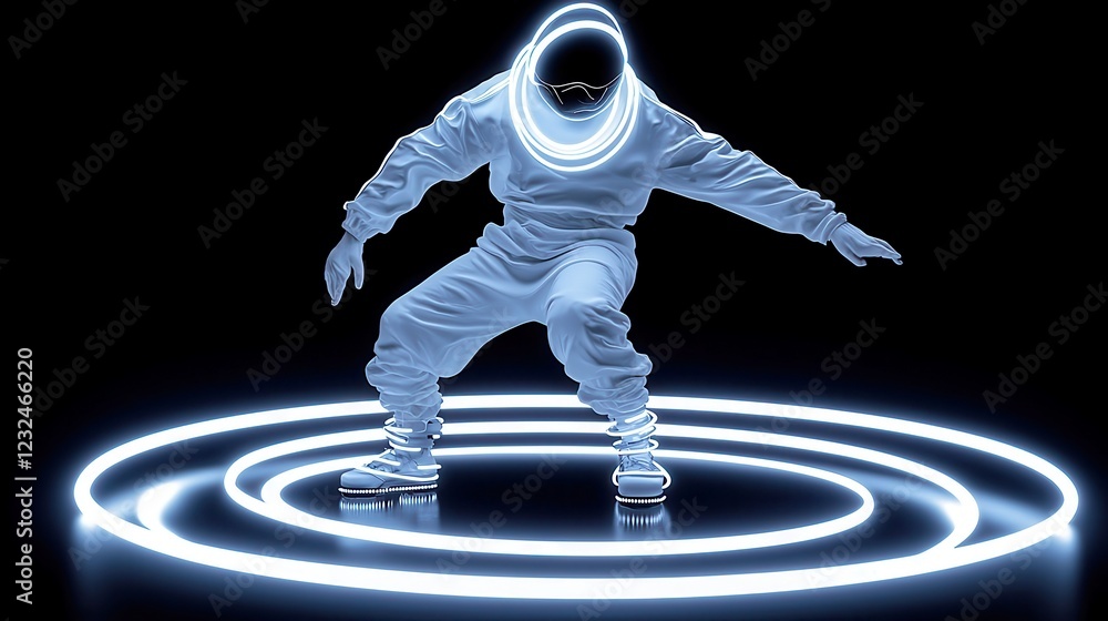 Poster ai breakdancing robot performing intricate spins on a high-tech dance floor, vibrant led trails crea