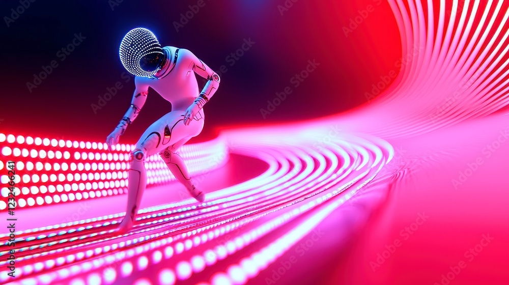 Poster ai breakdancing robot performing on a high-tech dance floor, vibrant led trails creating mesmerizing