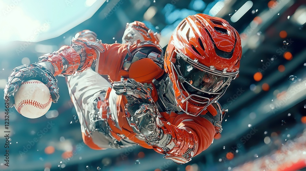 Poster futuristic baseball outfielder in action, ai-enhanced player soaring through the air with cybernetic