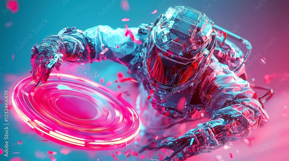 Poster neon discus dynamo, an ai-driven robot propelling a vibrant disc with precision physics in an expans