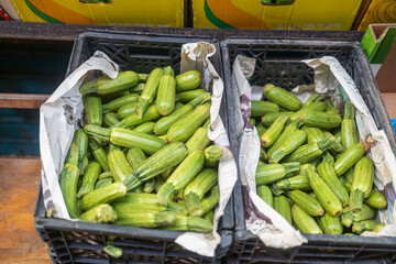 Fresh zucchinis in a crate for sale at the Eastern market.
