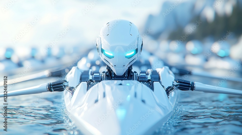 Poster synchronized ai rowing team, a fleet of advanced robots gliding effortlessly across serene waters, s