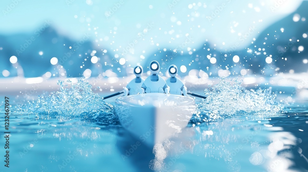 Poster synchronized ai rowing robots, a dynamic team of advanced robots gliding seamlessly across the water