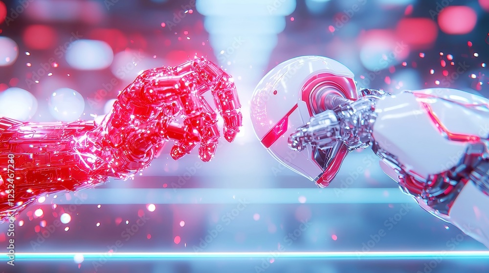 Poster ai sumo robot duel, dynamic confrontation in a digital arena, energy force field marking the boundar