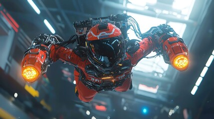 Fototapeta premium Cyber-gymnast soaring through free space, executing an extraordinary aerial routine, enhanced by glowing propulsion boosters, showcasing agility and futuristic technology.