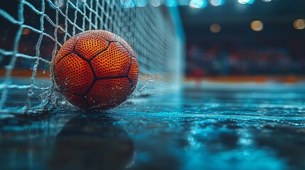 In slow motion, the ball slides into the net as the onlookers in the background are blurred