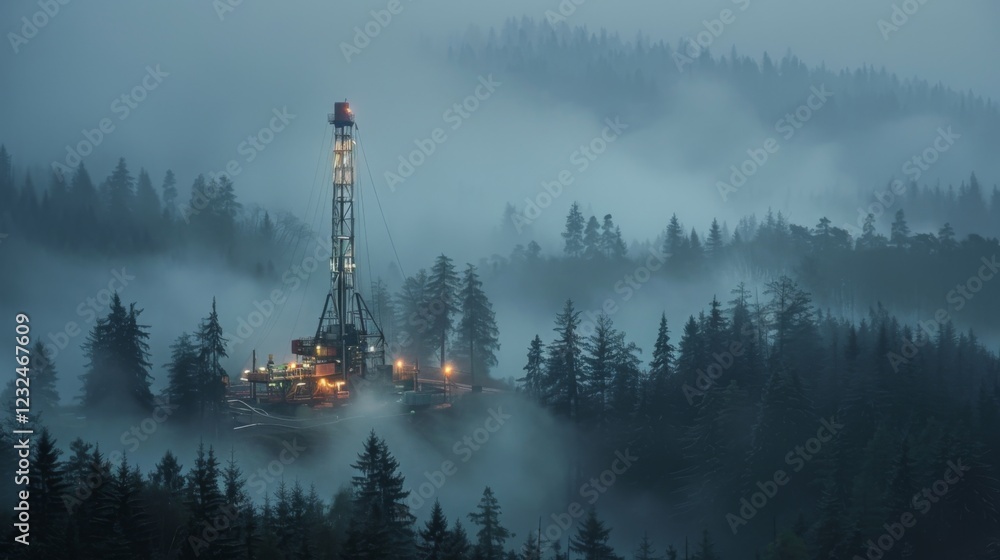 Aufkleber a drilling rig stands tall amidst towering trees in a misty forest during twilight, with lights glow