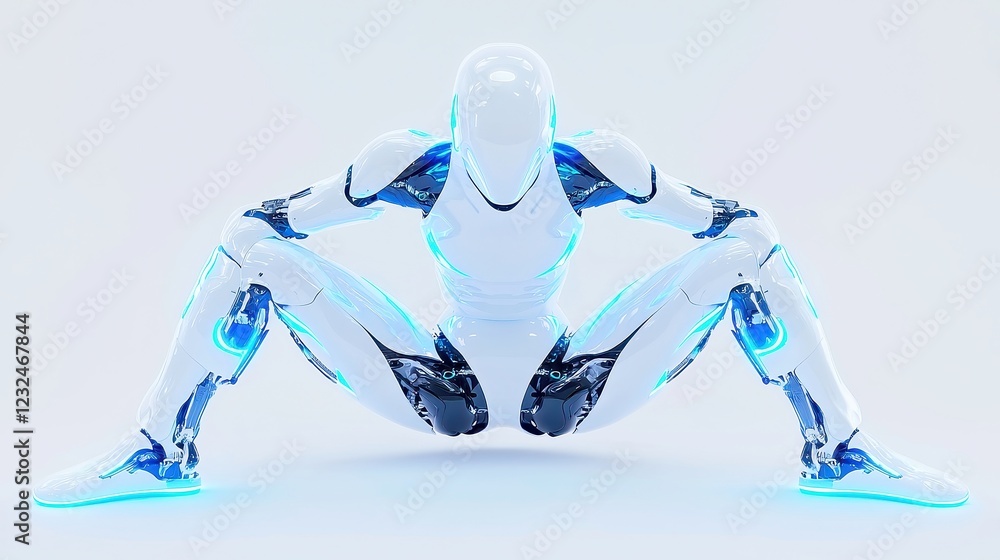 Poster cybernetic cheerleader, a futuristic robot executing a dazzling synchronized routine with vibrant le