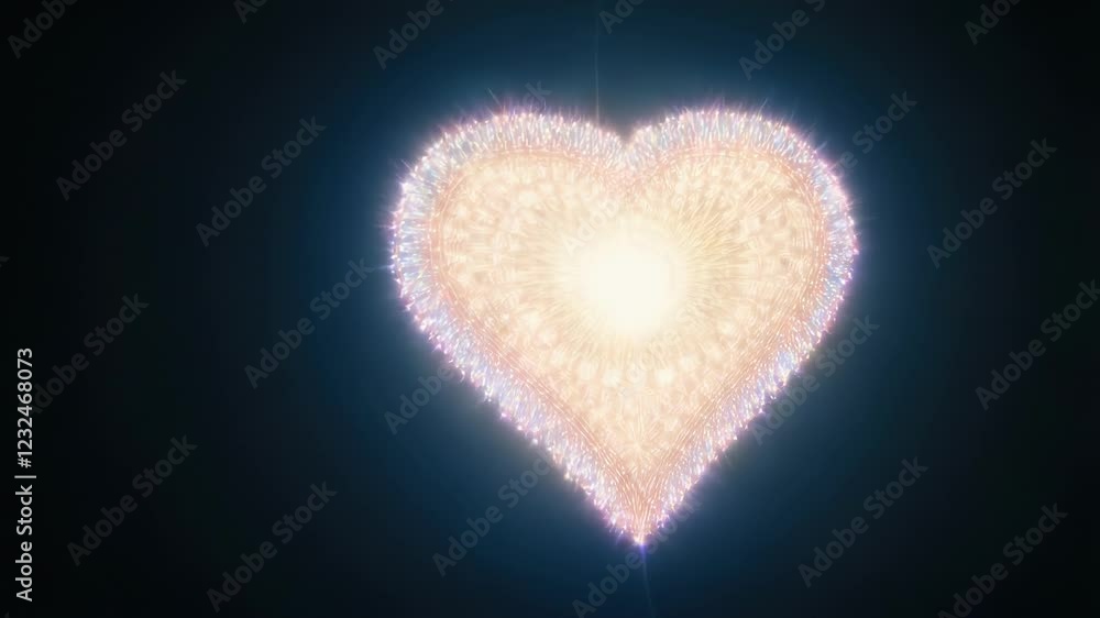 Poster bright heart shape made of particles is glowing, expanding and pulsating with energy on a dark backg
