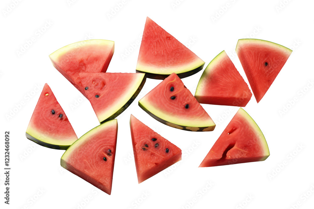 Poster a collection of watermelon wedges arranged neatly, displaying the juicy, bright pink flesh and dark 