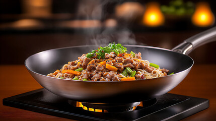  chef making dan dan noodles with minced pork and chili oil
