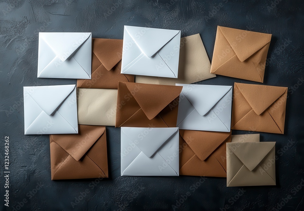 Poster overhead shot of numerous white and brown envelopes arranged on a dark gray textured surface. the en